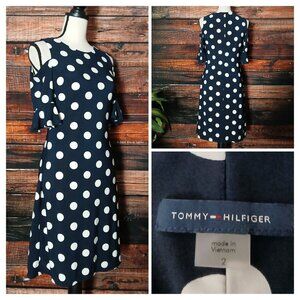 Tommy Hilfiger Dress Size 2 Cold Shoulder Navy Blue Polka Dot Bell Cuff Stretch